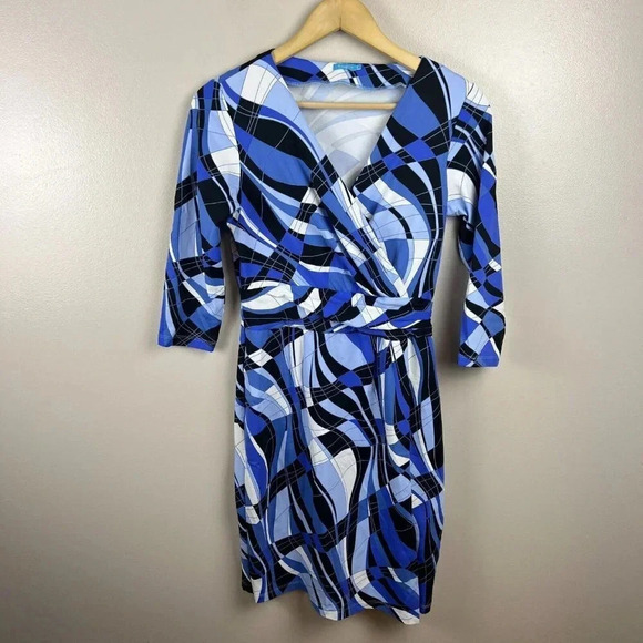 J. Mclaughlin Faux Wrap Dress Size Small Blue Geometric Catalina Cloth Stretch - Picture 1 of 11
